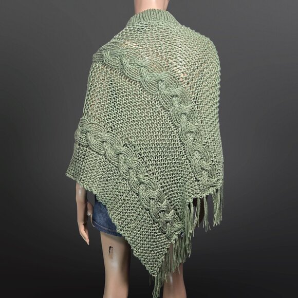 Y2K Green Fringed Poncho Chunky Knit Boho Grunge Fairy Lightweight Cable Knit - Picture 7 of 11